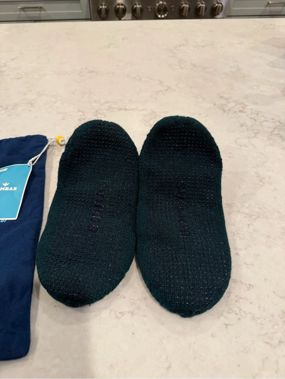 Bombas Forest Green Knit Slipper Socks with Blue Trim size L